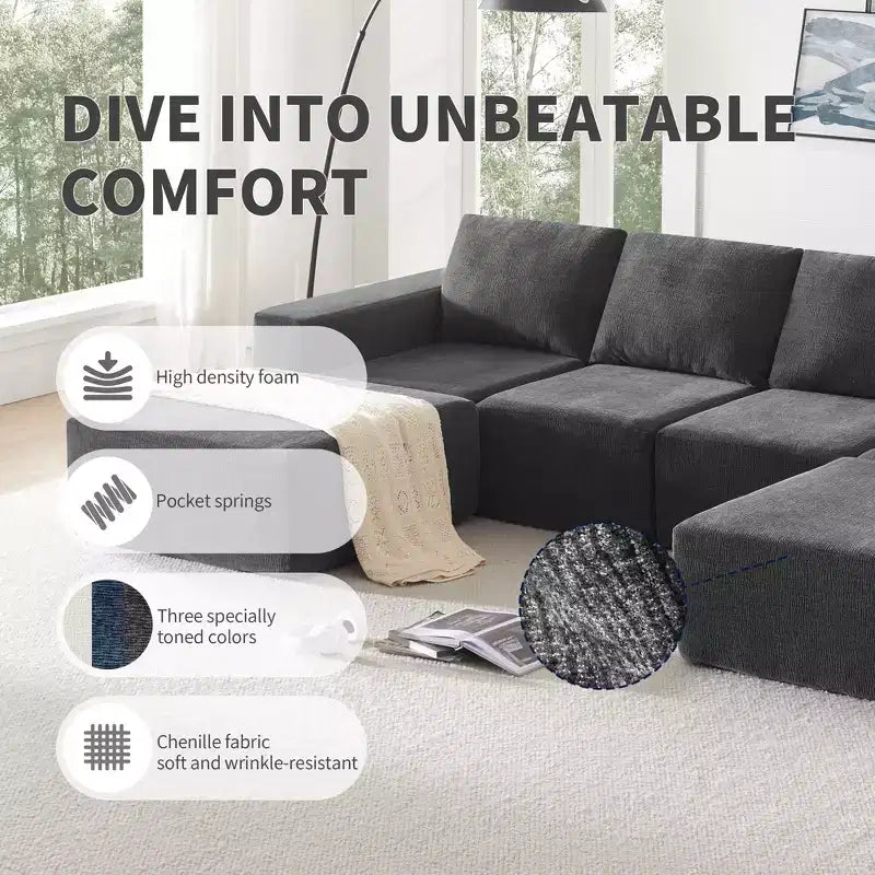 Divano Sezionale a U in Ciniglia Grigio Scuro / Blu Navy, 4 Pezzi, 6 Posti