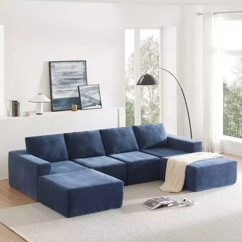 Divano Sezionale a U in Ciniglia Grigio Scuro / Blu Navy, 4 Pezzi, 6 Posti