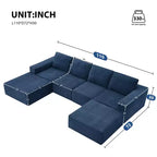 Divano Sezionale a U in Ciniglia Grigio Scuro / Blu Navy, 4 Pezzi, 6 Posti
