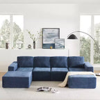 Divano Sezionale a U in Ciniglia Grigio Scuro / Blu Navy, 4 Pezzi, 6 Posti