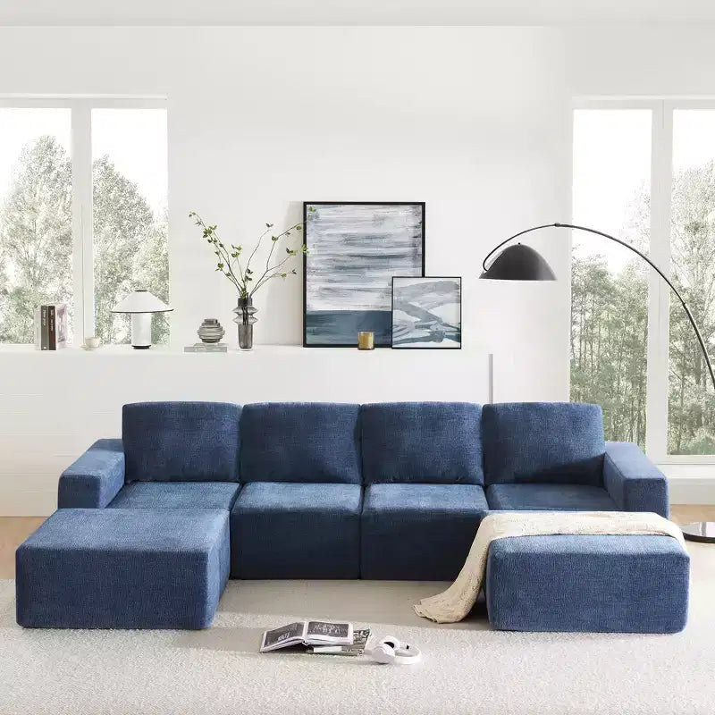 Divano Sezionale a U in Ciniglia Grigio Scuro / Blu Navy, 4 Pezzi, 6 Posti