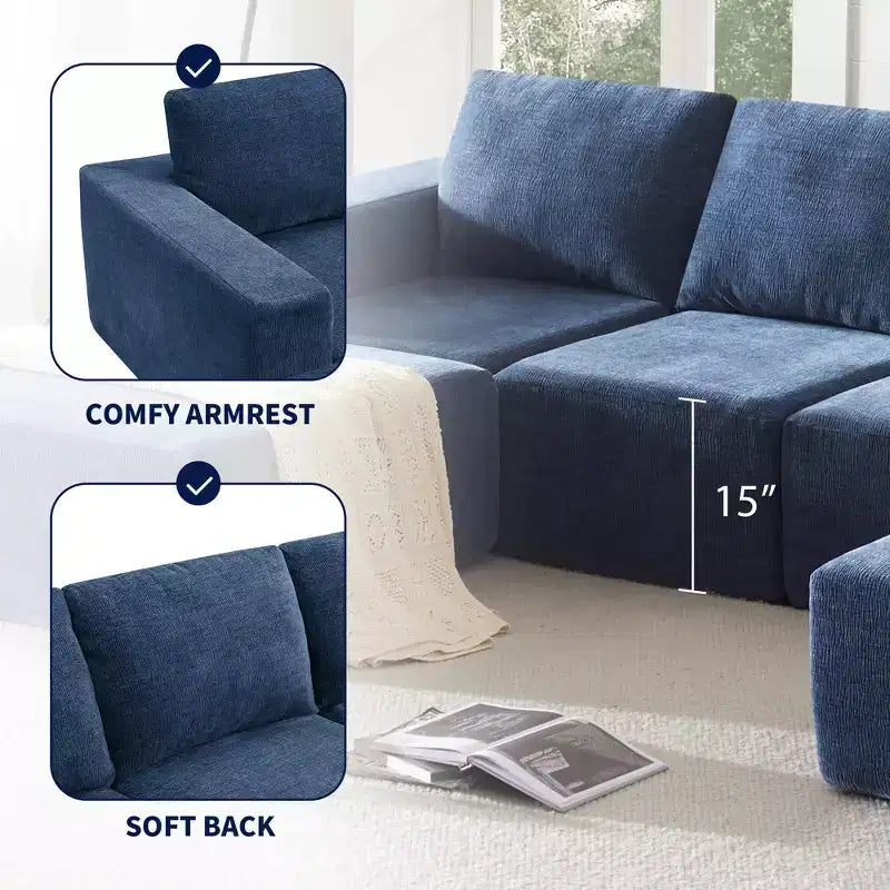 Divano Sezionale a U in Ciniglia Grigio Scuro / Blu Navy, 4 Pezzi, 6 Posti