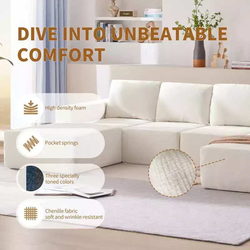 Divano Sezionale a U in Ciniglia Grigio Scuro / Blu Navy, 4 Pezzi, 6 Posti