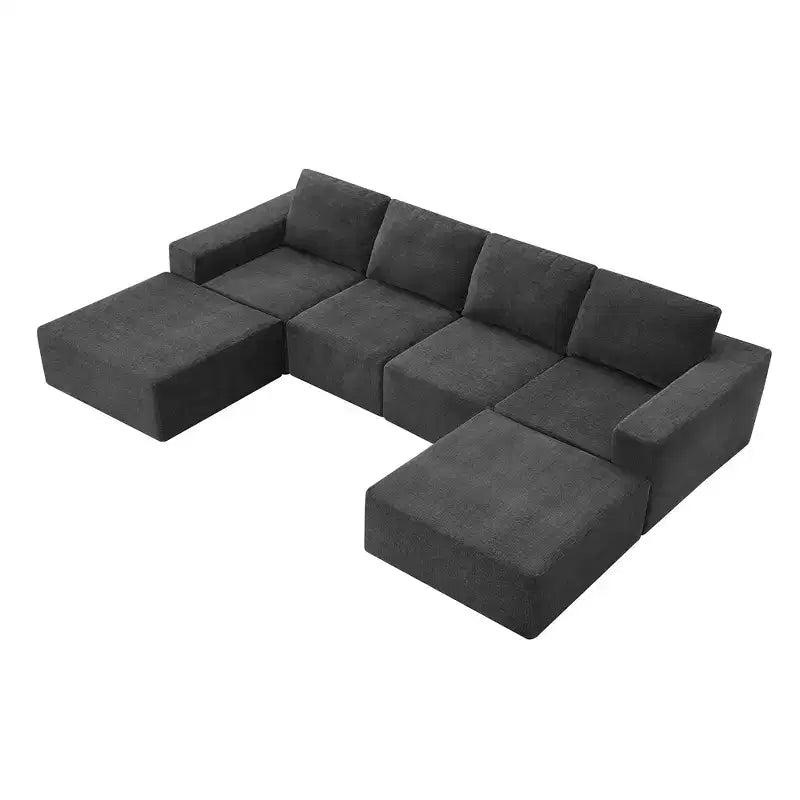 Divano Sezionale a U in Ciniglia Grigio Scuro / Blu Navy, 4 Pezzi, 6 Posti