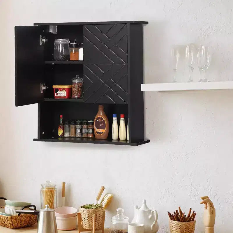 Mobiletto a muro nero opaco/bianco, mensola in legno a 2 ripiani con portasciugamani, singolo