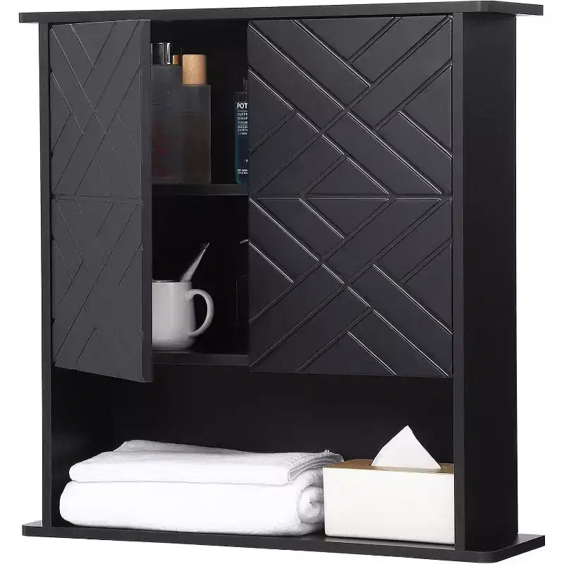 Mobiletto a muro nero opaco/bianco, mensola in legno a 2 ripiani con portasciugamani, singolo