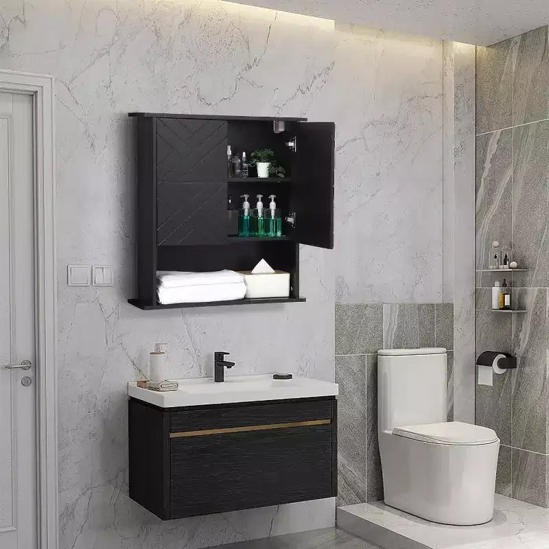 Mobiletto a muro nero opaco/bianco, mensola in legno a 2 ripiani con portasciugamani, singolo