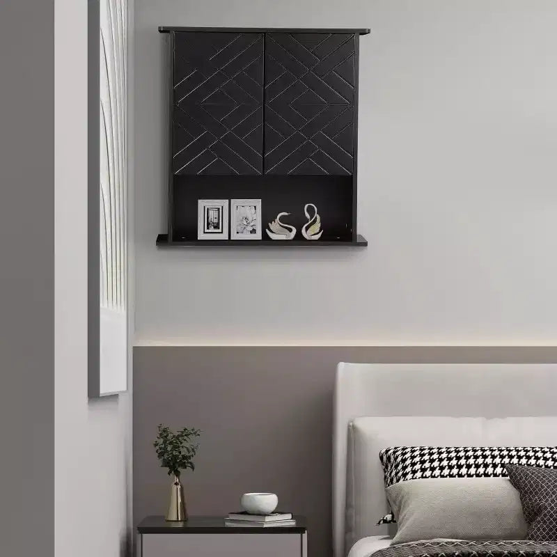 Mobiletto a muro nero opaco/bianco, mensola in legno a 2 ripiani con portasciugamani, singolo