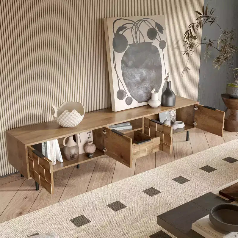 Mobile TV in Legno Naturale per TV fino a 85", Consolle Media da 200 cm con Contenitore