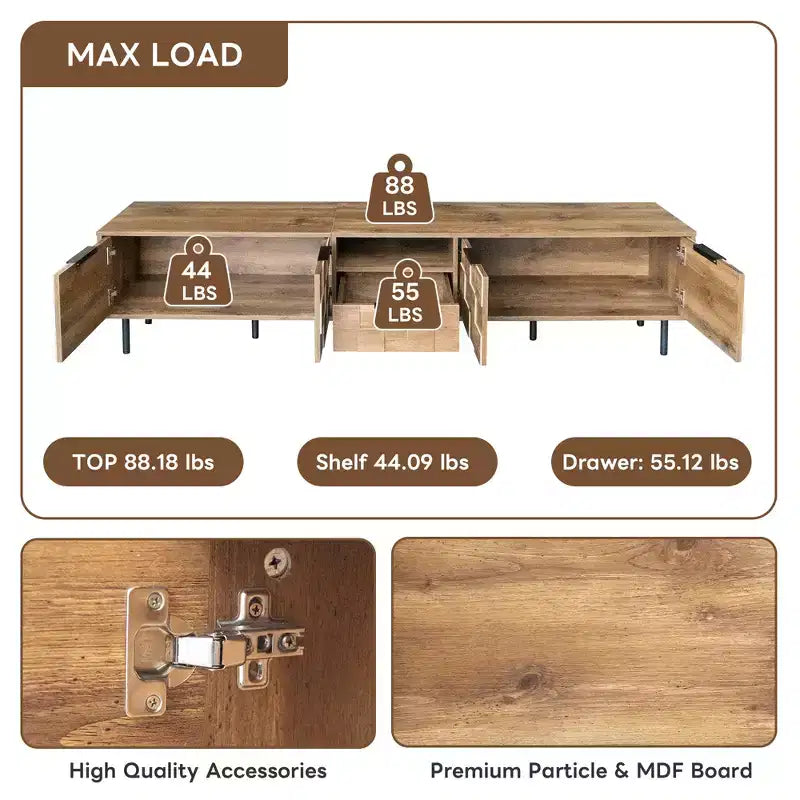Mobile TV in Legno Naturale per TV fino a 85", Consolle Media da 200 cm con Contenitore