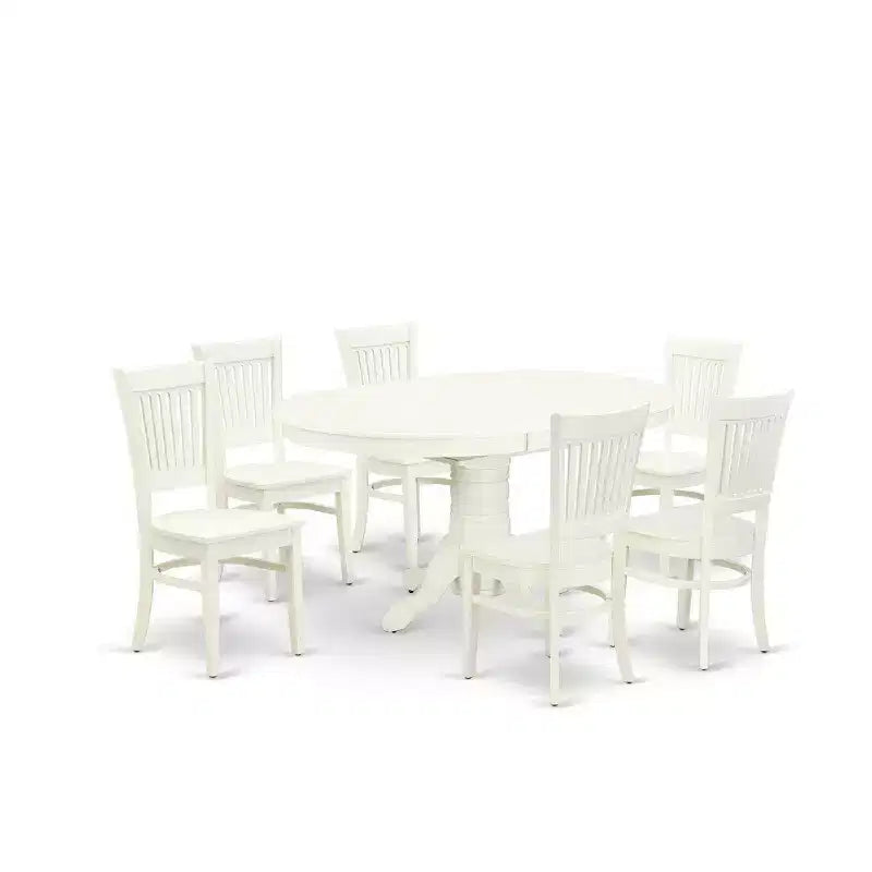 Set tavolo da pranzo allungabile ovale bianco lino, 6 posti, 7 pezzi