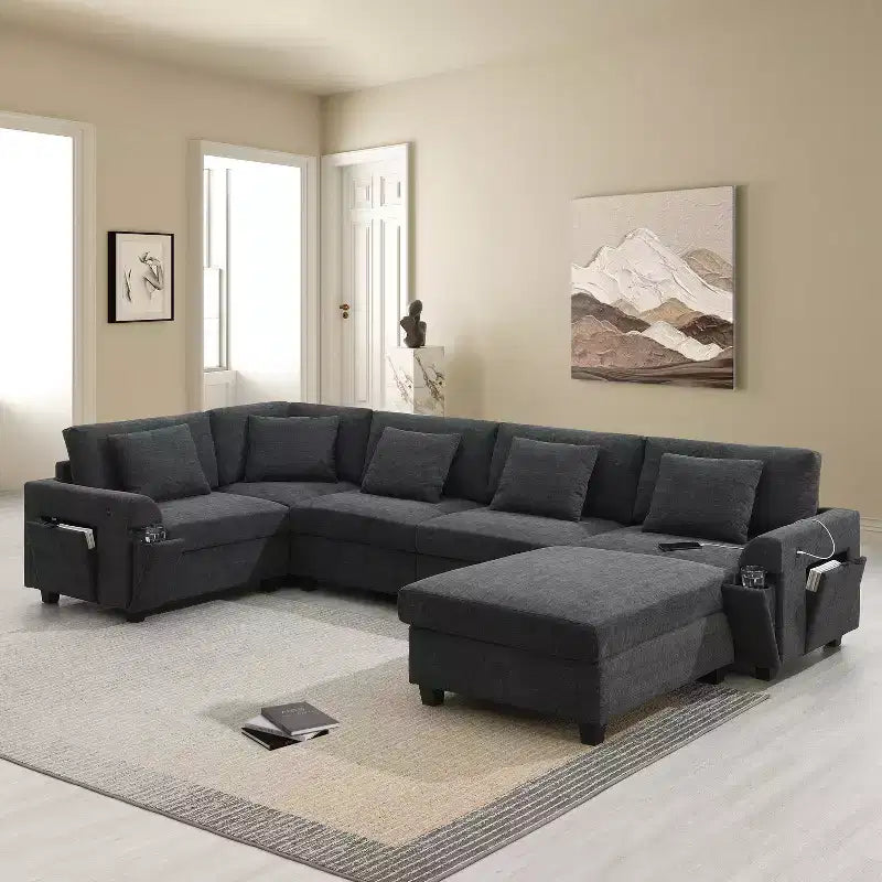 Divano Sezionale a U in Ciniglia Nero/Bianco Sporco, a 6 Posti con Pouf