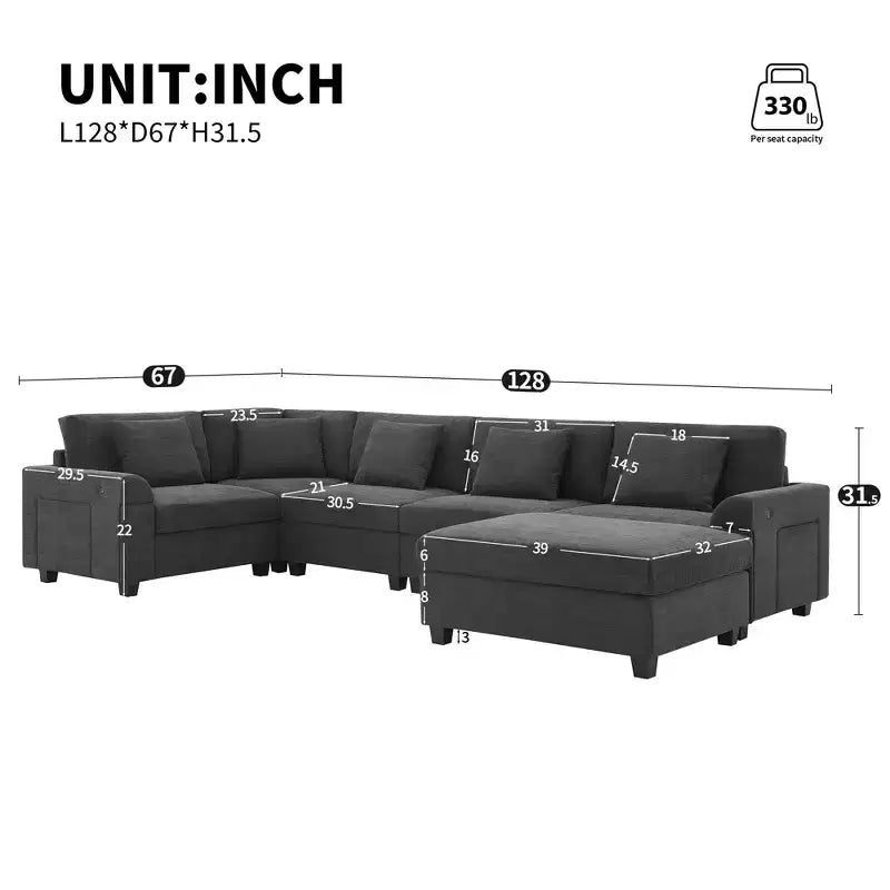 Divano Sezionale a U in Ciniglia Nero/Bianco Sporco, a 6 Posti con Pouf