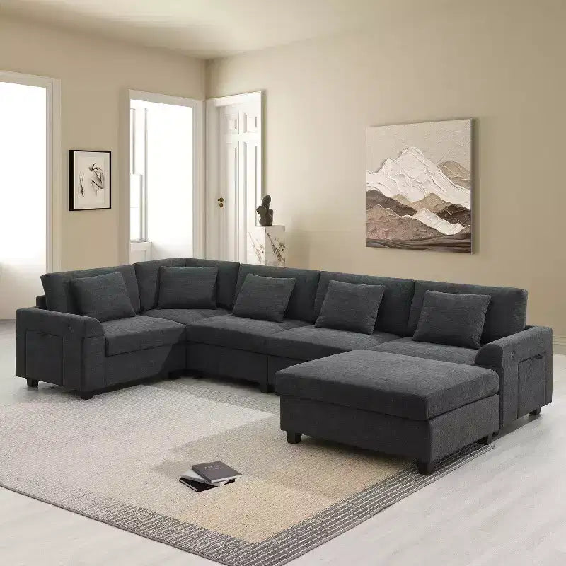 Divano Sezionale a U in Ciniglia Nero/Bianco Sporco, a 6 Posti con Pouf