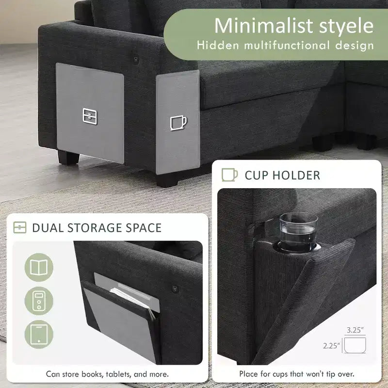 Divano Sezionale a U in Ciniglia Nero/Bianco Sporco, a 6 Posti con Pouf
