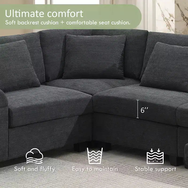 Divano Sezionale a U in Ciniglia Nero/Bianco Sporco, a 6 Posti con Pouf