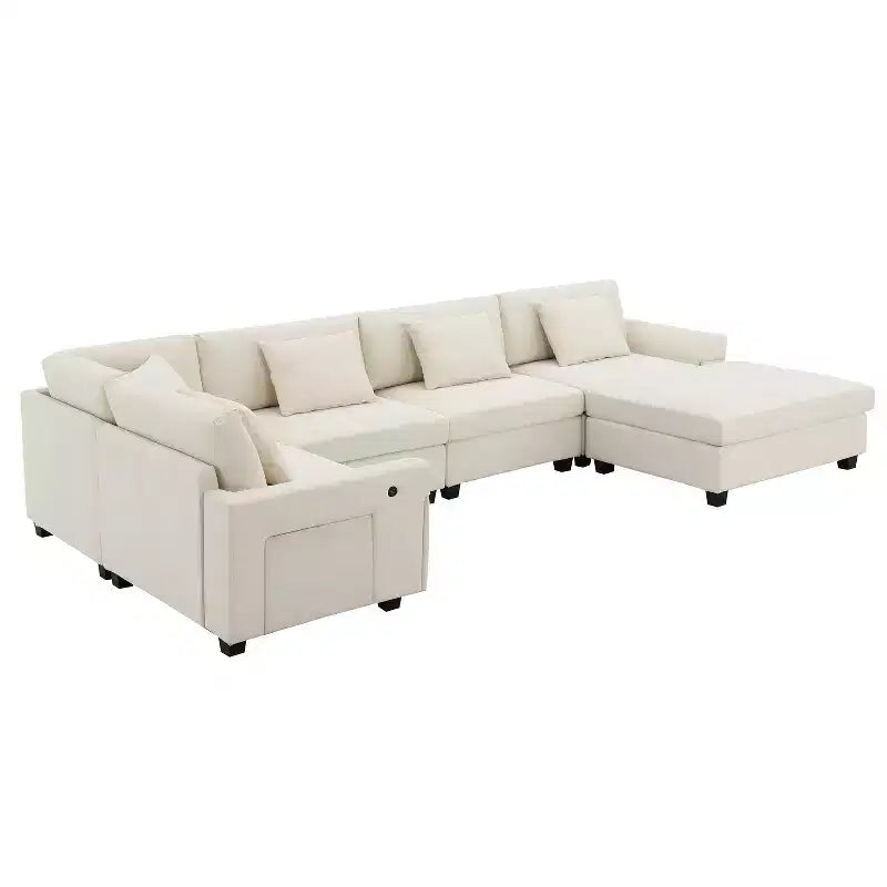 Divano Sezionale a U in Ciniglia Nero/Bianco Sporco, a 6 Posti con Pouf