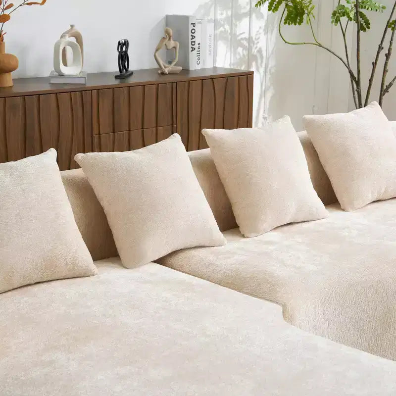 Divano sezionale a L in ciniglia beige/verde/grigio con chaise longue, 4 posti