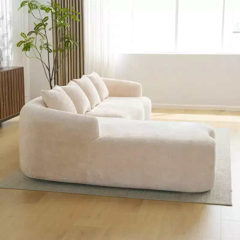 Divano sezionale a L in ciniglia beige/verde/grigio con chaise longue, 4 posti