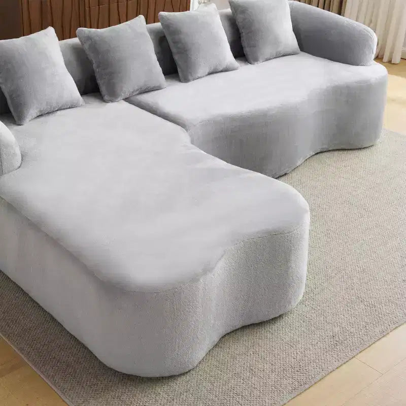 Divano sezionale a L in ciniglia beige/verde/grigio con chaise longue, 4 posti