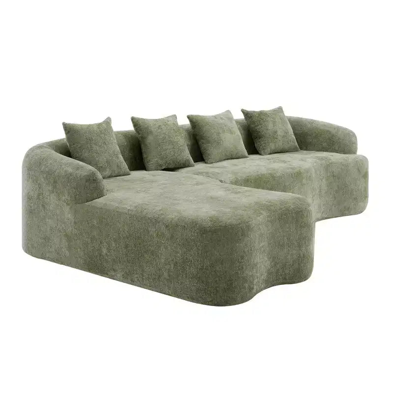 Divano sezionale a L in ciniglia beige/verde/grigio con chaise longue, 4 posti