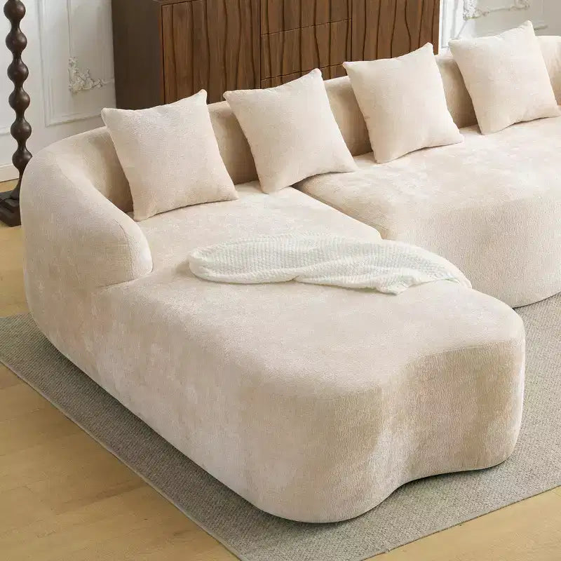 Divano sezionale a L in ciniglia beige/verde/grigio con chaise longue, 4 posti