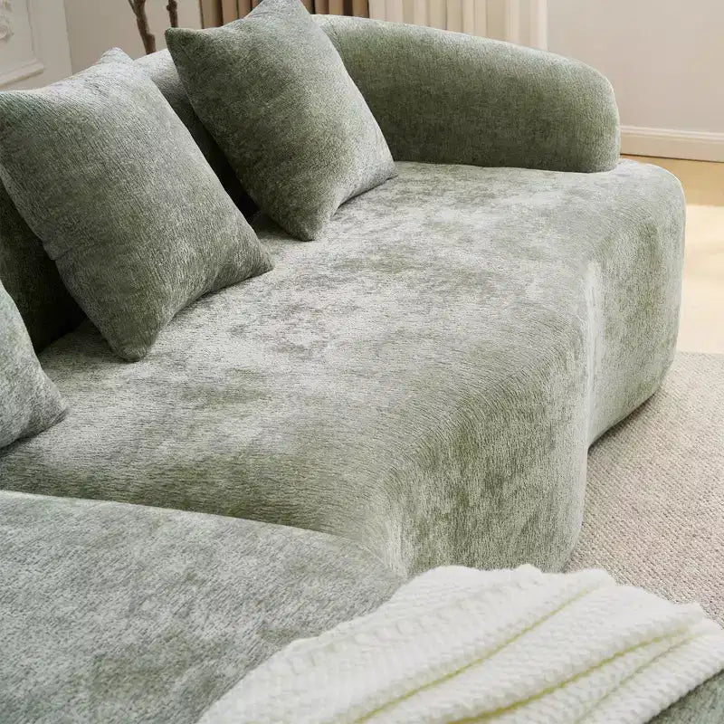 Divano sezionale a L in ciniglia beige/verde/grigio con chaise longue, 4 posti