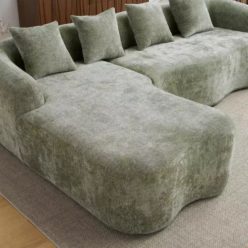 Divano sezionale a L in ciniglia beige/verde/grigio con chaise longue, 4 posti