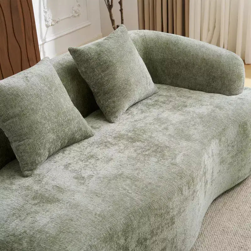 Divano sezionale a L in ciniglia beige/verde/grigio con chaise longue, 4 posti