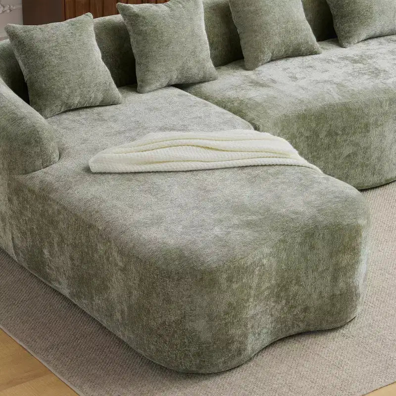 Divano sezionale a L in ciniglia beige/verde/grigio con chaise longue, 4 posti