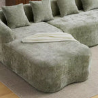 Divano sezionale a L in ciniglia beige/verde/grigio con chaise longue, 4 posti