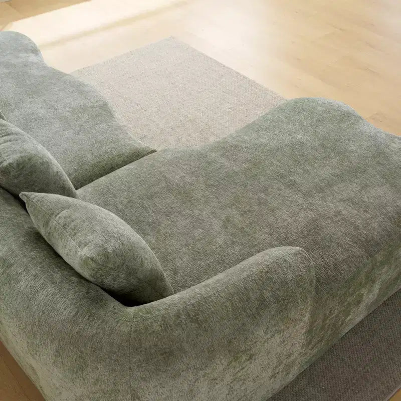 Divano sezionale a L in ciniglia beige/verde/grigio con chaise longue, 4 posti