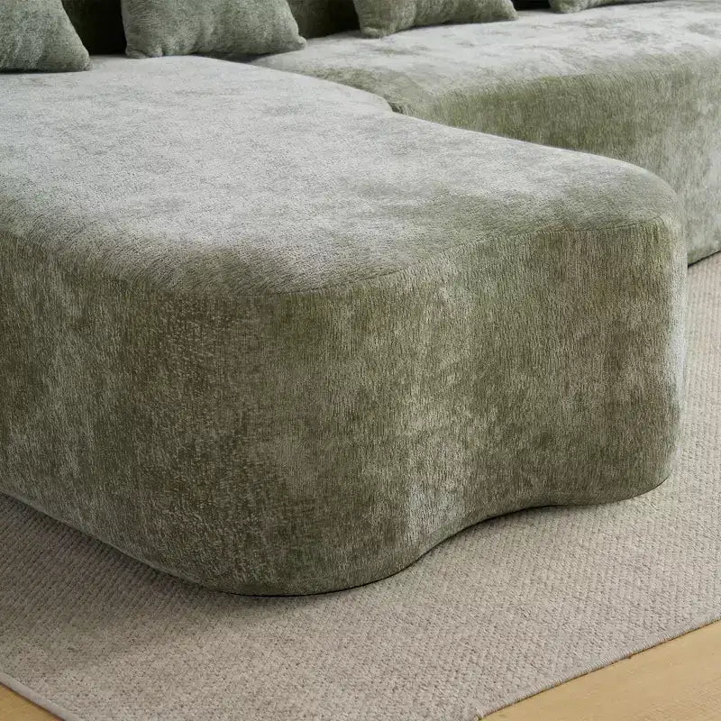 Divano sezionale a L in ciniglia beige/verde/grigio con chaise longue, 4 posti