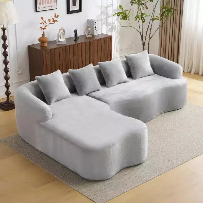 Divano sezionale a L in ciniglia beige/verde/grigio con chaise longue, 4 posti
