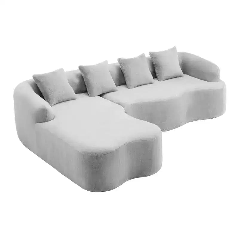 Divano sezionale a L in ciniglia beige/verde/grigio con chaise longue, 4 posti