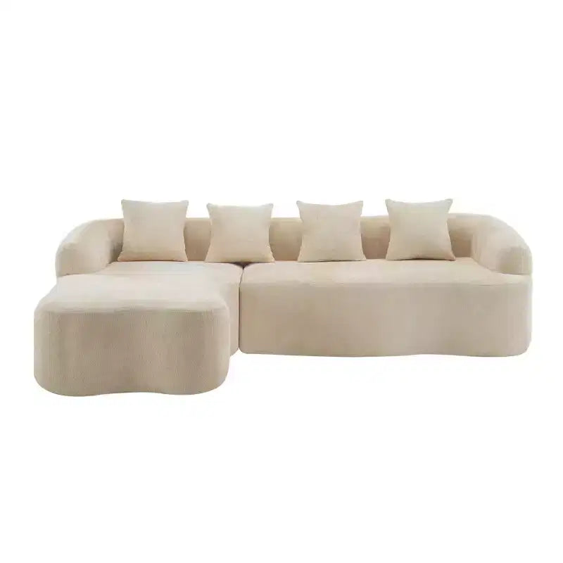 Divano sezionale a L in ciniglia beige/verde/grigio con chaise longue, 4 posti