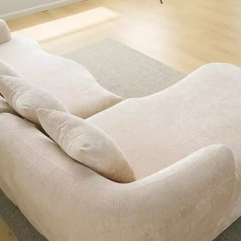 Divano sezionale a L in ciniglia beige/verde/grigio con chaise longue, 4 posti