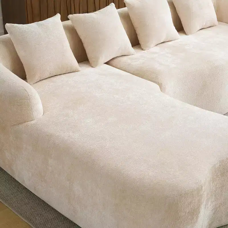 Divano sezionale a L in ciniglia beige/verde/grigio con chaise longue, 4 posti