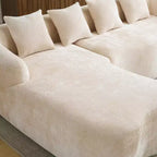 Divano sezionale a L in ciniglia beige/verde/grigio con chaise longue, 4 posti