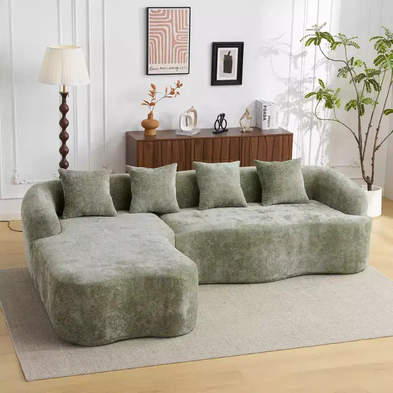 Divano sezionale a L in ciniglia beige/verde/grigio con chaise longue, 4 posti