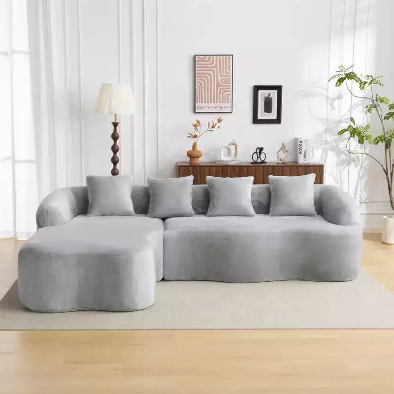 Divano sezionale a L in ciniglia beige/verde/grigio con chaise longue, 4 posti