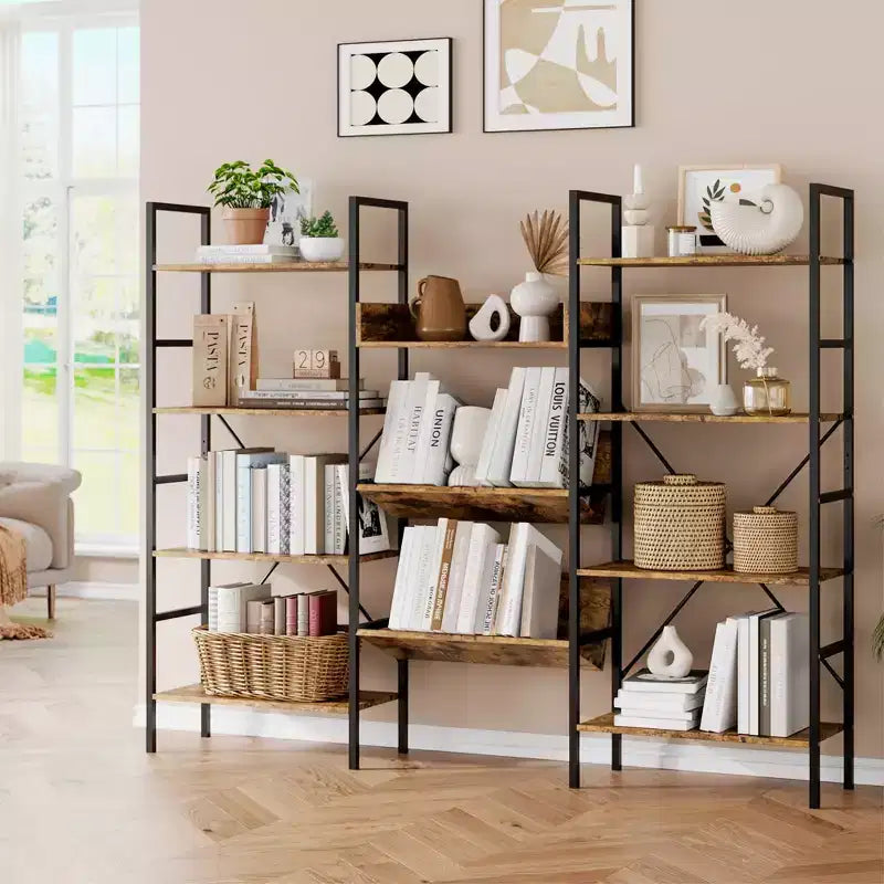 4-Tier Industrial Bookshelf, Triple Wide Bookcase with 11 Adjustable Shelves, Rustic Wood & Metal Storage Shelf for Living Room, Bedroom, Home Office