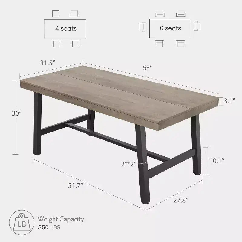 Tavolo da pranzo rettangolare da 63", marrone/grigio/color legno, piano in legno e struttura in metallo, 4-6 posti a sedere