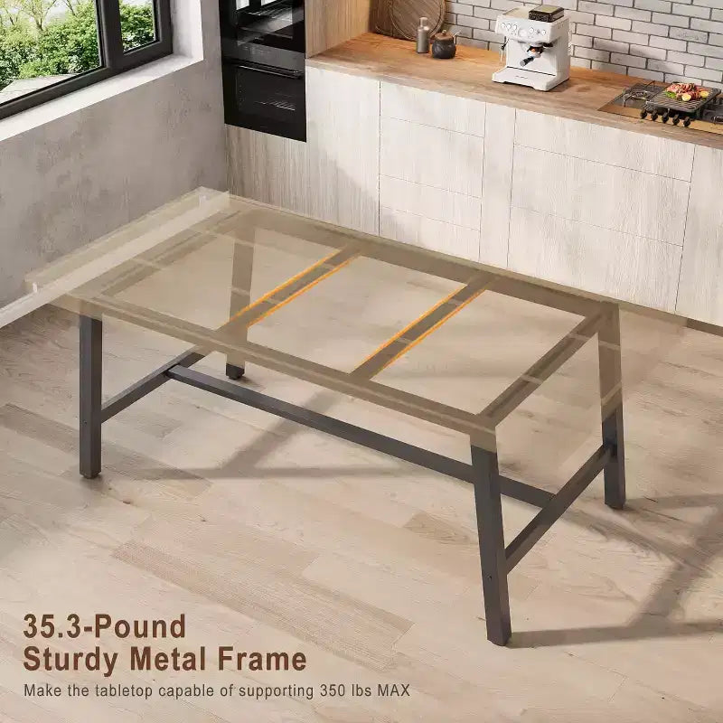 Tavolo da pranzo rettangolare da 63", marrone/grigio/color legno, piano in legno e struttura in metallo, 4-6 posti a sedere