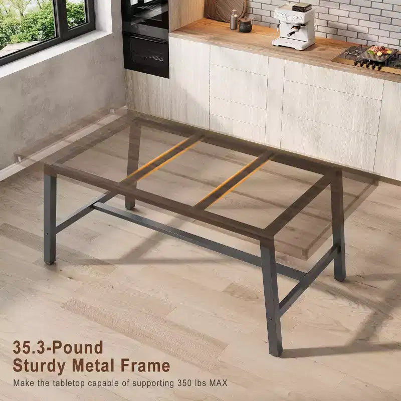 Tavolo da pranzo rettangolare da 63", marrone/grigio/color legno, piano in legno e struttura in metallo, 4-6 posti a sedere