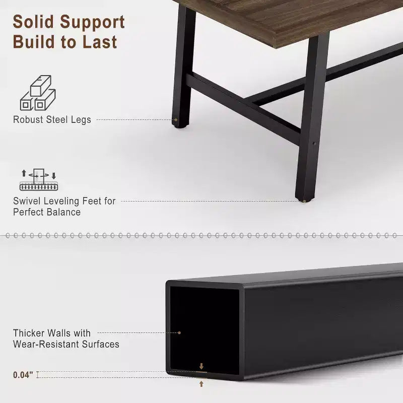 Tavolo da pranzo rettangolare da 63", marrone/grigio/color legno, piano in legno e struttura in metallo, 4-6 posti a sedere