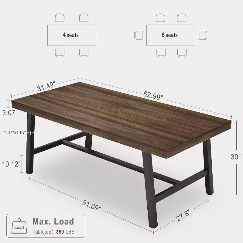 Tavolo da pranzo rettangolare da 63", marrone/grigio/color legno, piano in legno e struttura in metallo, 4-6 posti a sedere