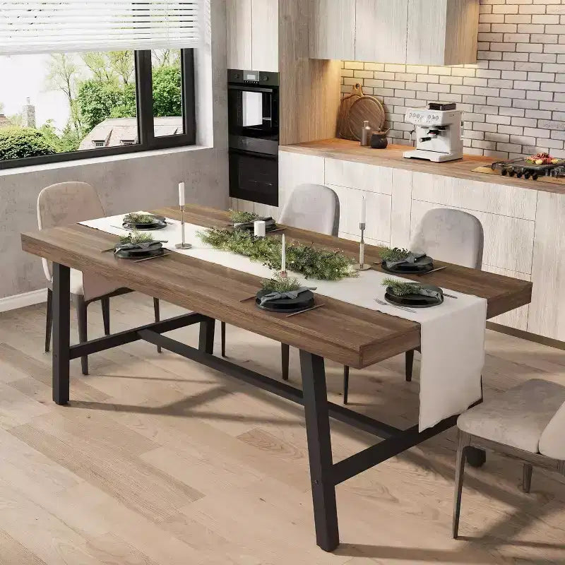 63 Industrial Dining Table for 4-6 People, Wooden Kitchen Table with Sturdy Metal Frame, Rectangular Counter for Dining Room
