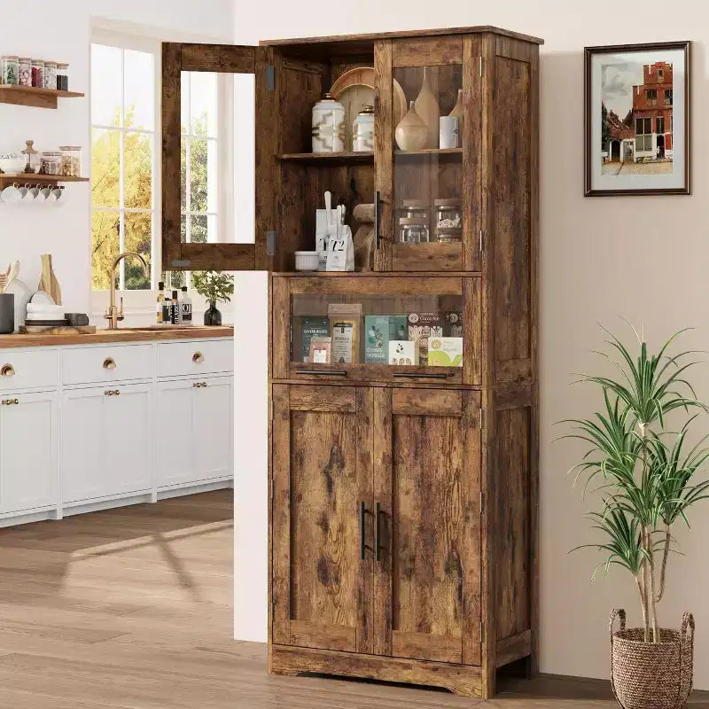 Rovere Bianco / Mobile Alto Contenitore Colore Retrò con Ante in Vetro, Ripiani Regolabili e Cassetto – Uso per 1 Persona
