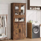 Rovere Bianco / Mobile Alto Contenitore Colore Retrò con Ante in Vetro, Ripiani Regolabili e Cassetto – Uso per 1 Persona